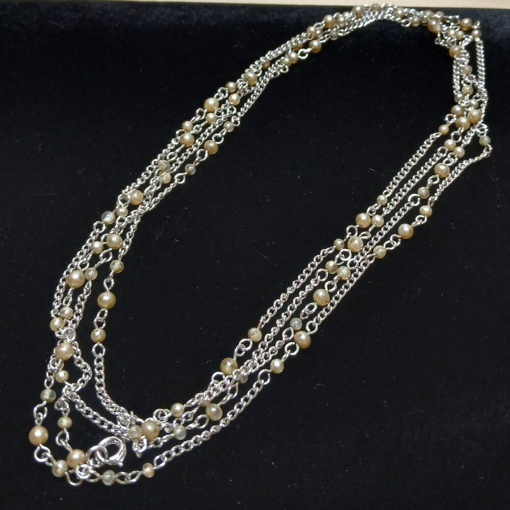 Vintage Silver Tone & Faux Pearl Beaded Long Necklace Costume Jewelry #2